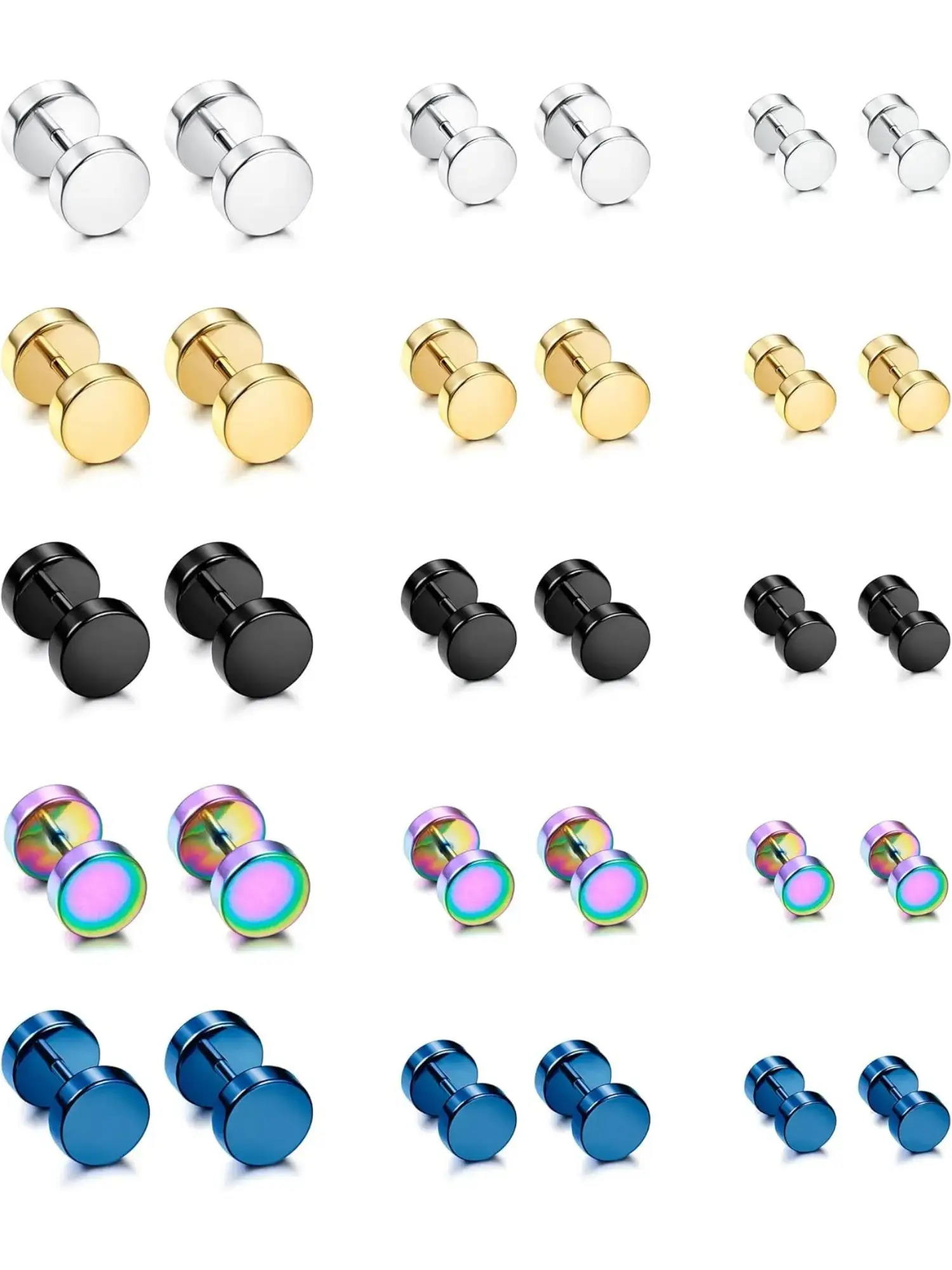 15 Pairs Stainless Steel Studs Earrings Men Women Round Fake Cheater Fake Gauges Screw Plugs Piercing Set Ear Tunnel Double Side Hypoallergenic Flat Back Earrings, Stainless Steel, Casual Earrings Set Earring PackGift.