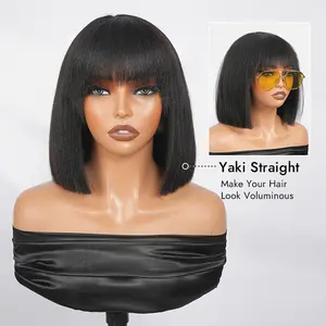 [New In] Wiggins Hair Glueless Light Yaki Straight Bob Wig With Bangs Machine Made Short Bob Wigs Human Hair Beginner Friendly