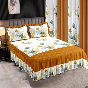 7 Piece Floral Bedding Set with Quilted Orange Skirt and Matching Pillows for a Cozy Bedroom Look