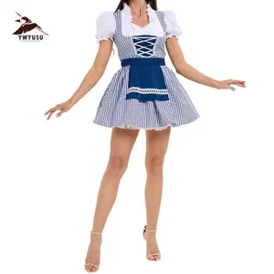 Octoberfest Costume for Women Short Sleeve Plaid German Dirndl Dress Lederhosen Costume for Beer Festival