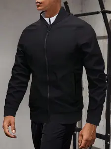 Men's Solid Zip Up Sporty Bomber Jacket, Regular Fit Casual Sporty Long Sleeve Baseball Collar Outerwear for Daily Wear, Men's Sports Outerwear for All Seasons