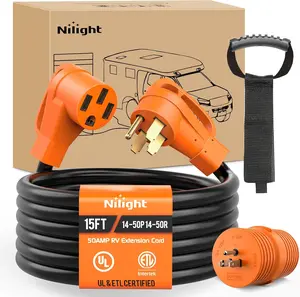 Nilight Outdoor 15ft Length 50A 4-Prong RV Extension Cord, 14-50P to 14-50R, 15A to 50A 250V Adapter, 6/3+8/1 Gauge Pure Copper Wires, STW, UL ETL Listed, Heavy-Duty Weatherproof for Generators, Campers