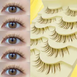 5 Pairs Brown Eyelashes Natural Clear band Wet False Eyelashes Fluffy Soft Dramatic Multi-Layer long Short Thick False Eyelashes Extended Large Volume False Eyelashes Makeup Products False Eyelashes Extensions