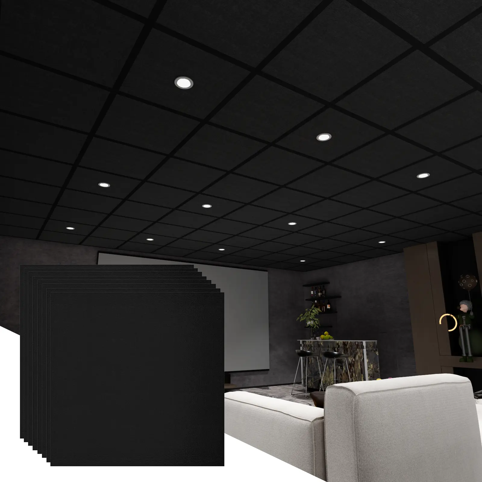 BaseNoir 12 PCS Black Polyester Fiber Acoustic Ceiling Tiles Reduce Light Reflection 2x2 Ft Soundproof Panels 0.36" Thick Moisture-Proof Flame-Retardant Ideal For Home Theater Basement Cover 48 Sq.Ft