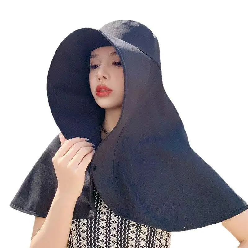 Women's 2026 Summer Wide-Brim UV-Resistant Bucket Hat - Female Youth Casual Outdoor Hat with Neck Shading Shawl, Ponytail Hole for Hiking Sun Protection