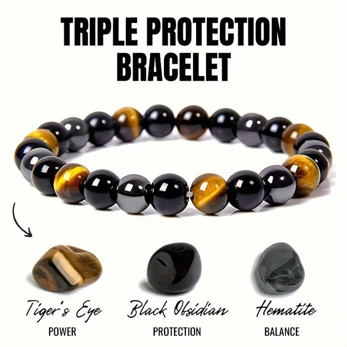 Tiger Eye x Obsidian x Hematite Stretch Bracelet for Women 8mm Natural Gemstone Beaded Triple Protection Healing Jewelry Intuitively Chosen Crystals