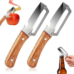 2-in-1 Multifunctional Stainless Steel Vegetable Handle Peeler with Built-in Bottle Opener, Zero Snag Wooden Peeler for Potato, Pumpkin, Papaya (2PCS)