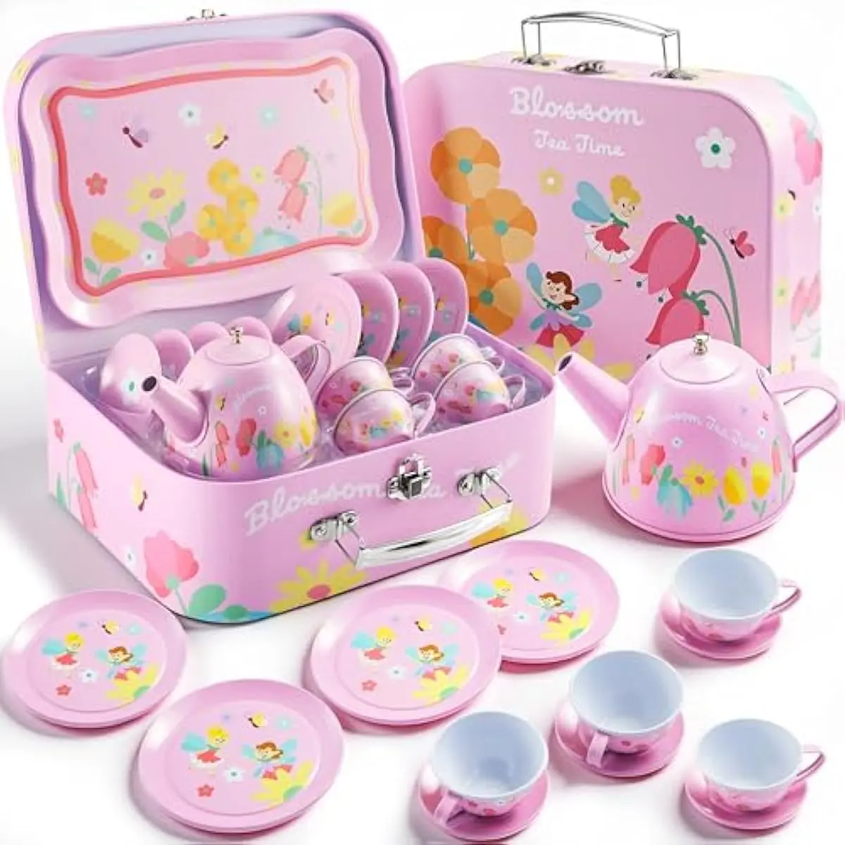 Fairy Blossom Tea Party Set for Little Girls, Pretend Pink Tin Teapot Set, Princess Tea Time Play Kitchen Toy with Teapot, Cup, Plate, Carrying Case for Kids Toddlers Age 3 4 5 6