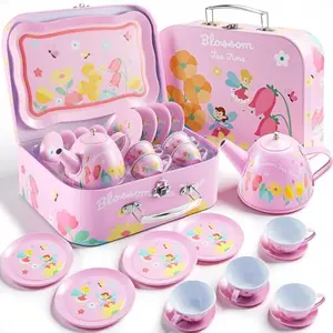 Fairy Blossom Tea Party Set for Little Girls, Pretend Pink Tin Teapot Set, Princess Tea Time Play Kitchen Toy with Teapot, Cup, Plate, Carrying Case for Kids Toddlers Age 3 4 5 6