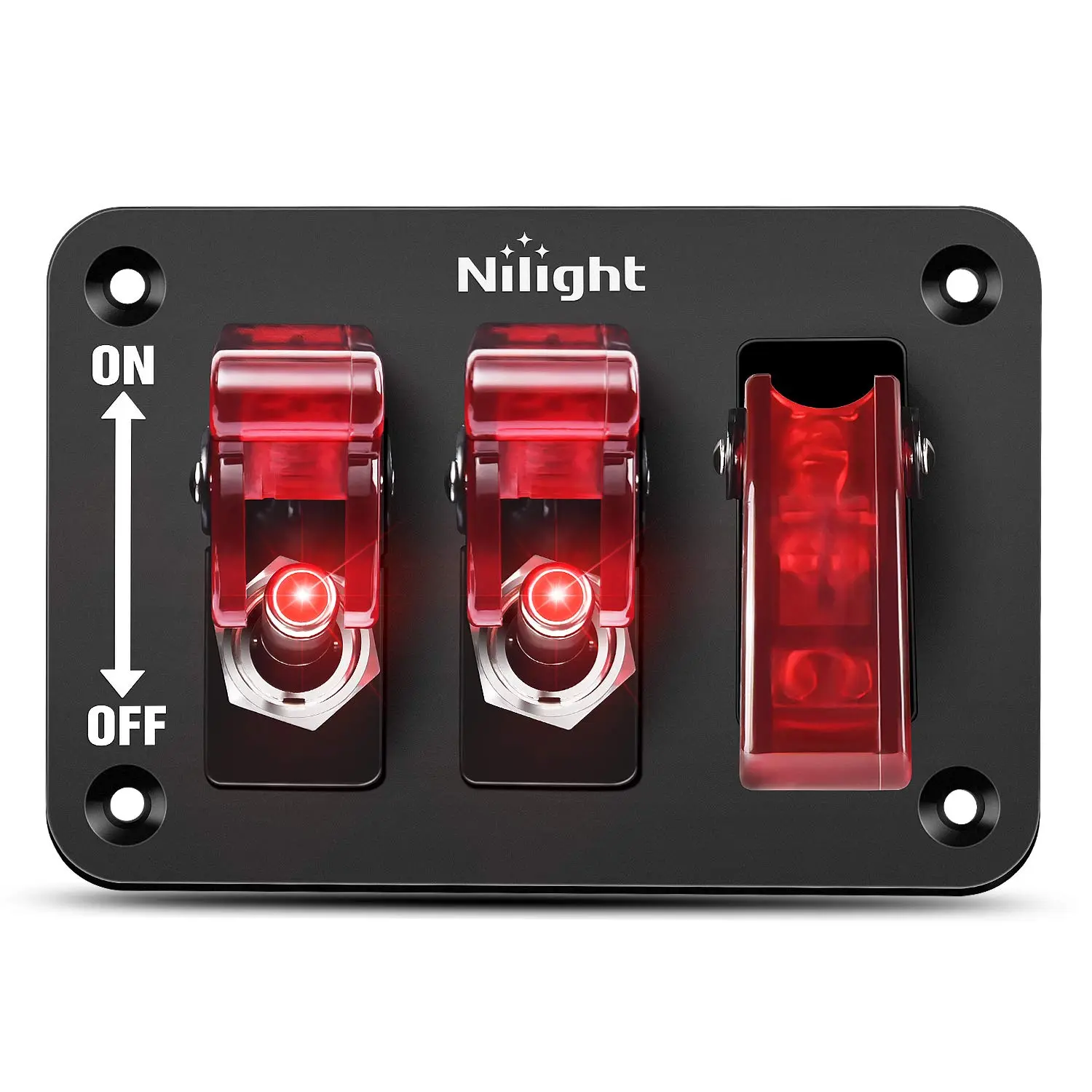 Nilight 3-Gang 12V Toggle Switch Rocker Panel - Black Panel, Heavy-Duty 3-Pin SPST ON/Off Switches, LED Light, Safety Cover, Easy Installation for Automotive Replacement Parts