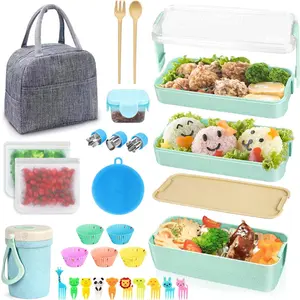 27 PCs Lunch Box Kit, Stackable 3-in-1 Compartment Japanese Lunch Box Set w/Soup Cup Sauce Can, Spoon Fork, Cake Cups, Fruit Picks, Snack Bags, Leakproof Lunch Containers（Blue）