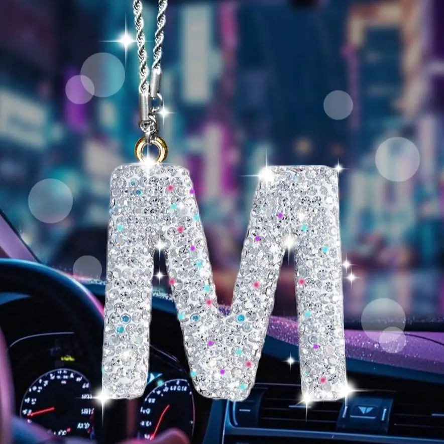 Sparkling Initial Rhinestone Rearview Mirror Charm - 26 Letters Option, Car Interior Accessories, Car Decor for Women, Automotive Decoration