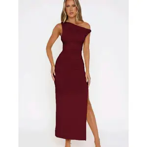 Spring Summer New One Shoulder High Slit Evening Dress, Formal Wear, Elastic Slim Fit A-Line Floor-Length Gown, Elegant Chic Party Wedding Dress Sleeveless Women