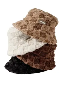 Unisex Plaid Color Block Fleece Bucket Hat, Thick Warm Windproof Fashionable Fisherman Cap, Fall & Winter Outdoor Use