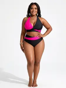 Plus Size High Waisted Swimsuit Set Hot Pink and Black Crisscross Wrap Twist Front Halter Swimwear for Women Tummy Control Supportive Beachwear Bikini