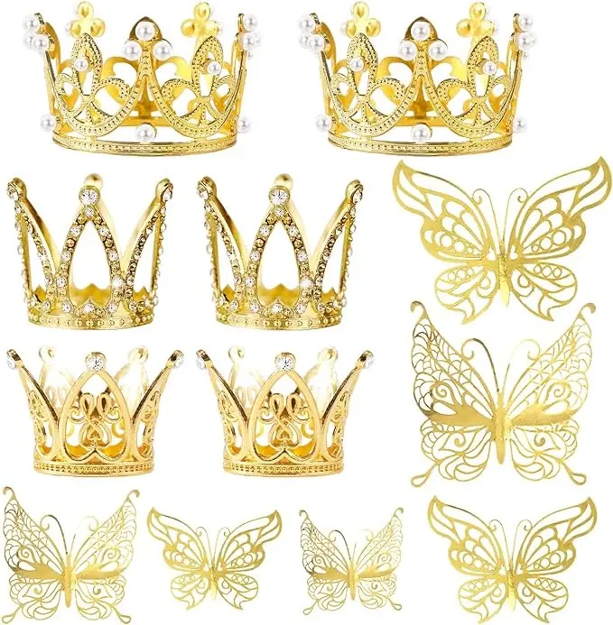 30 Pieces Mini Crown Cake Topper Small Gold Crown Mini Tiara with Gold Butterfly Decoration 3D Gold Butterflies for Flower Arrangements Gold Crown Cake Topper for Wedding Baby Shower Birthday Party