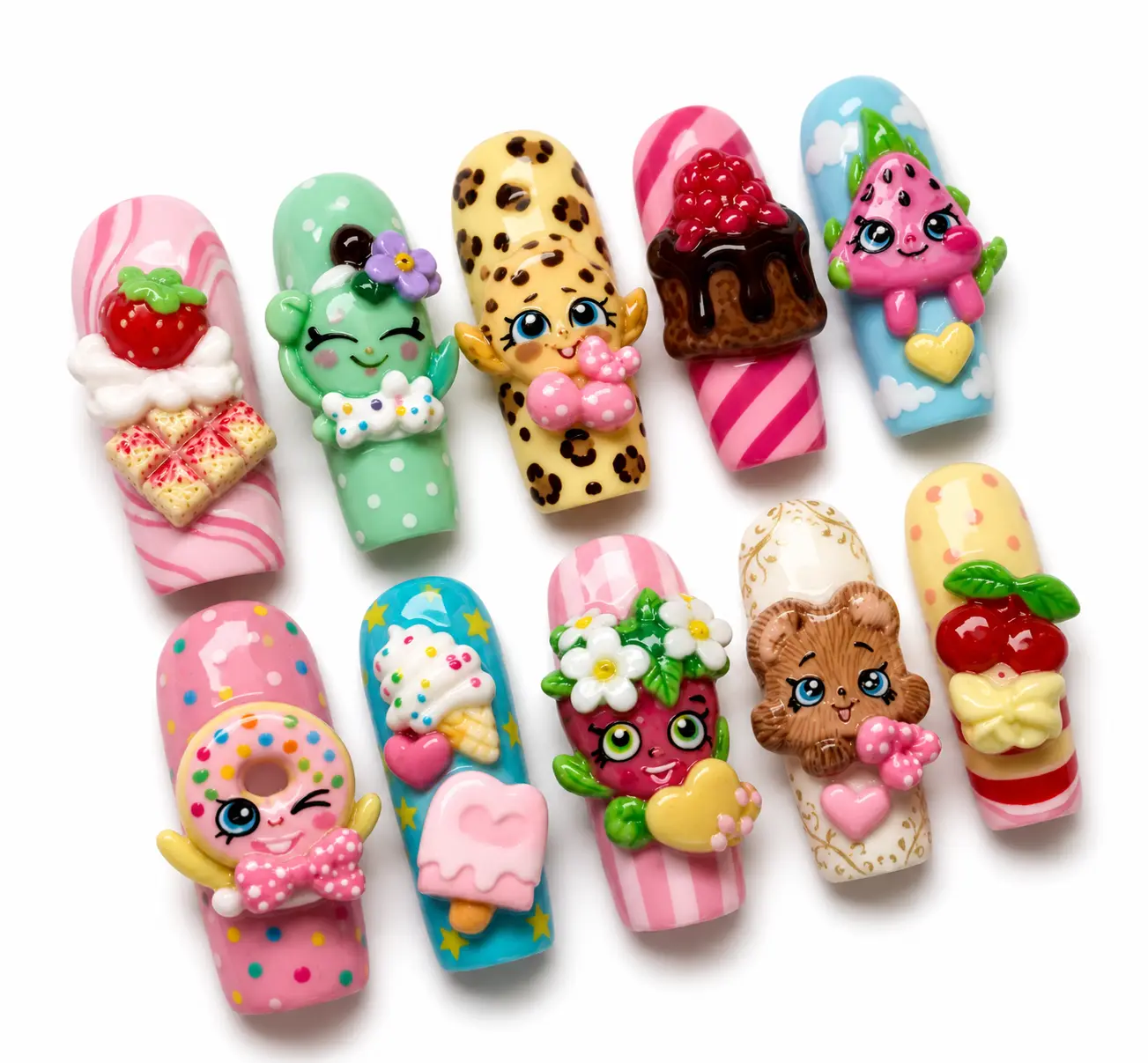 [FLASH SALE 50%] Kawaii Dessert Press On Nails | Handmade 3D Strawberry Donut, Ice Cream & Sweet Treat Nail Art | Cute Leopard Print Fake Nails | Colorful Reusable Nail Set | Trendy Gift for Her 2026