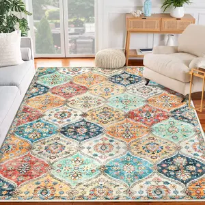 Washable Floral Living Room Rugs, Indoor Vintage Non Slip Area Rug for Bedroom Low Pile Ultra Thin Large Rug for Dining Room Nursery Retro Accent Floor Carpet for Home Office