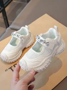 Breathable Mesh Kids Dad Shoes with Rhinestone Decorations, Velcro Closure Anti-Slip Princess Sport Sandals for Girls