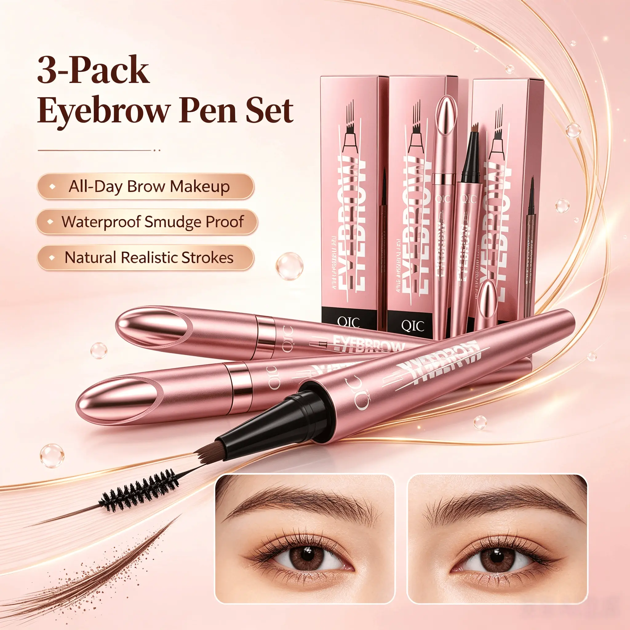 Medium Brown 02# QIC 4 Prong Eyebrow Pen, All-Day Waterproof Brow Makeup Pen, Natural Hair Stroke Effect Sweat Resistant Eyebrow Ink micro fork