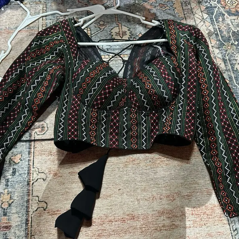 Newari Dhaka Handmade ICUP Blouse with Traditional Patterns and Black Bow Detailing