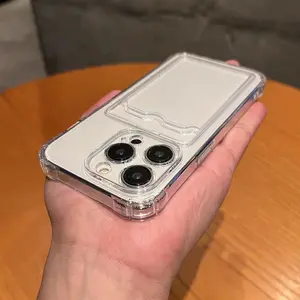 Transparent card slot mobile phone case suitable for iPhone 17 16 15 14 13 12 11 Pro Max 14Plus 17Air .  case with card slot.  can insert cards and photos. Transparent four-corner thickened anti-fall full package card storage phone protective case