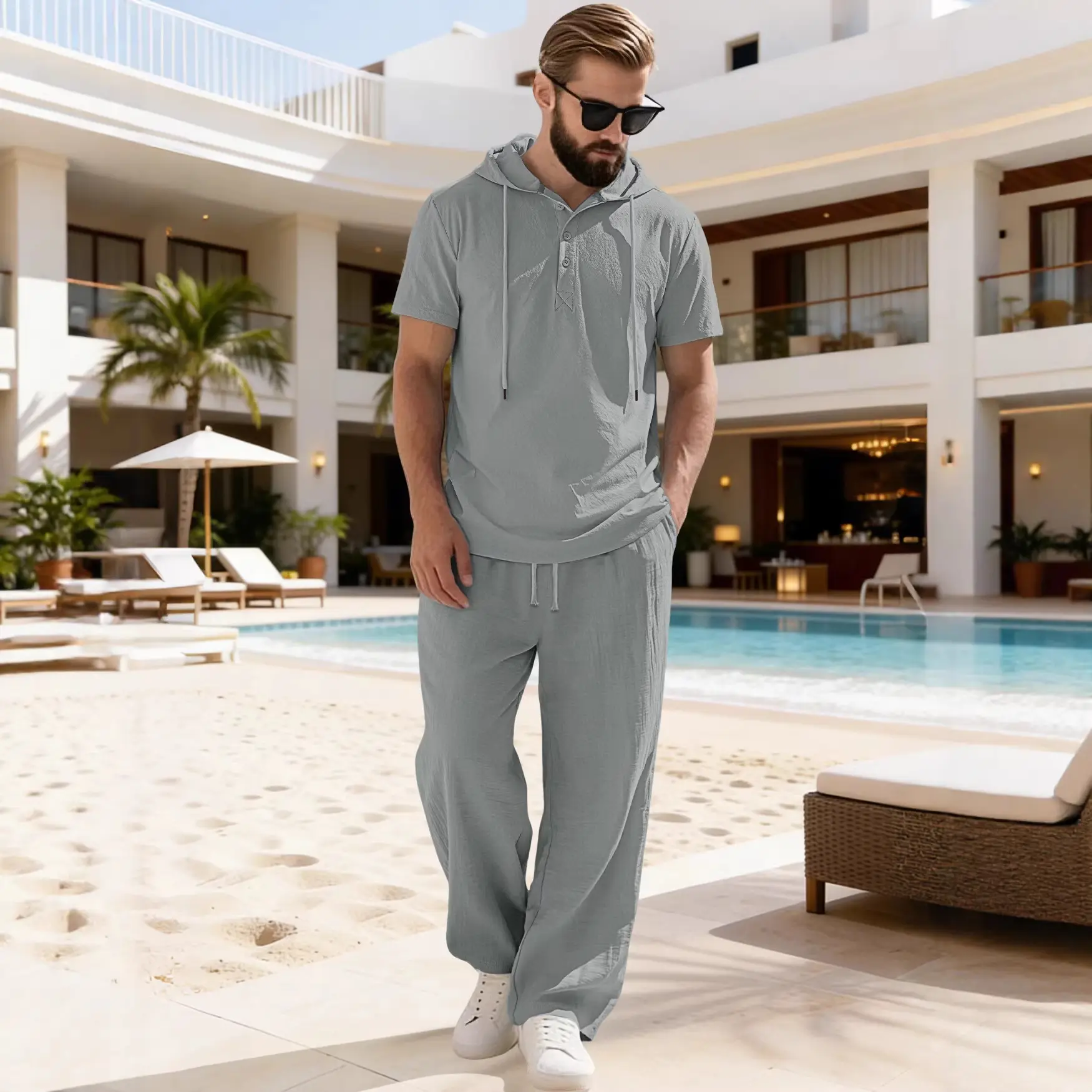 Men's Cotton Linen 2-Piece Outfit, Short Sleeve Hoodie Top & Wide Leg Pants Set, Casual Summer Beach Tracksuit