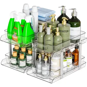14.8" Deep 2 Tier Bathroom Storage Organizer,2 Pack Large Clear Under Sink Organizers Vanity Counter Storage Container,Medicine Cabinet Drawers,Pull-Out Organization with 8 Dividers for Pantry,Kitchen