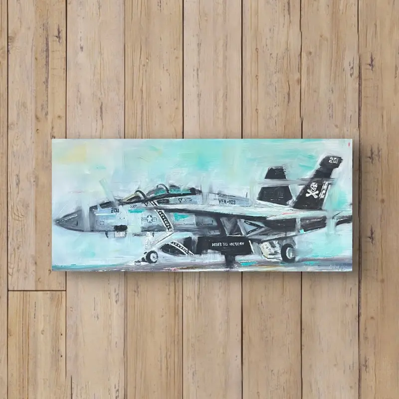 Jolly Roger F-18 Original Oil Painting - VFA-103 F/A-18 Super Hornet, 10x22x1.5”, Signed by Artist, Ready to Hang, Wall Art for Aviation Enthusiasts