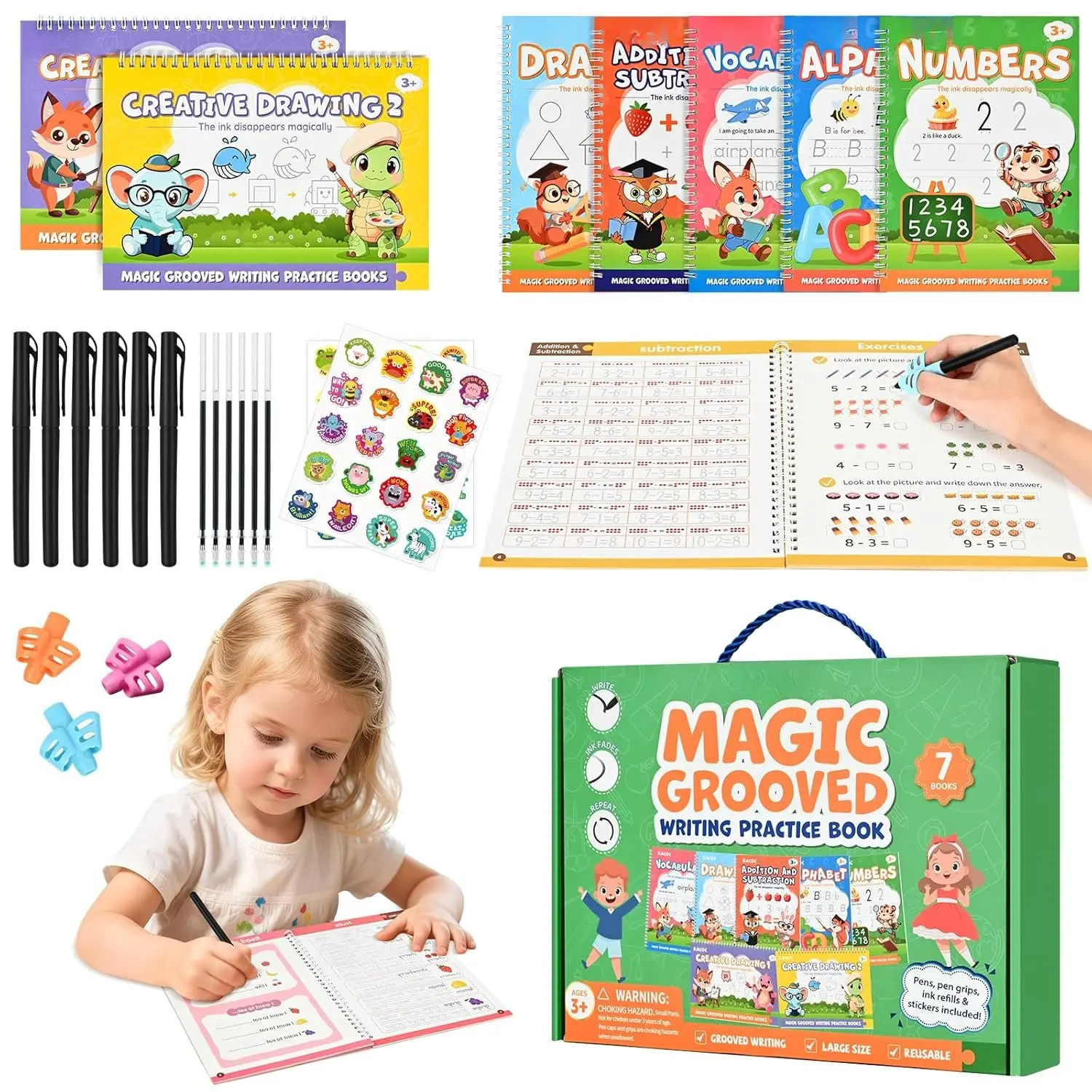 Magic Grooved Writing Practice for , 7 Pack  Grooved Handwriting Workbooks 6 Pens and 6 Refills for Ages 3-5 , Large Writing Practice Books for  Learning Activities