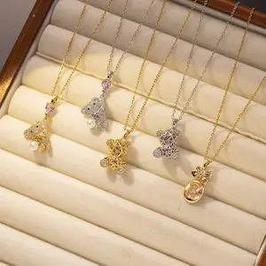 2PCS Cute Bear Necklaces, Bear Pendant Necklace Elegant Micro-inlaid Colorful Zircon Bear Choker