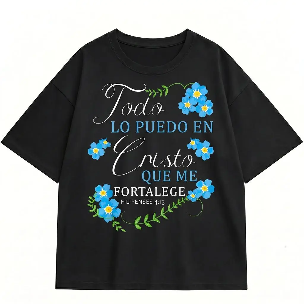 CASUALPRIME Spanish Christian Shirt Women Todo Lo Puedo En Cristo Floral Bible Verse Graphic Tee