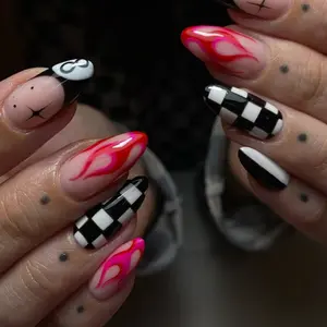 24pcs Almond Shape Nails, Y2K Flame Checkerboard Design, Nude Base, Reusable, Includes Jelly Glue and Nail File, Perfect for All Seasons