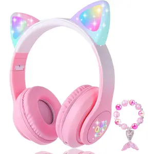 Ear  Headphones , LED Light up /Wired Mode Over Ear Headphones with Build in Microphone for School/Travel (Pink)