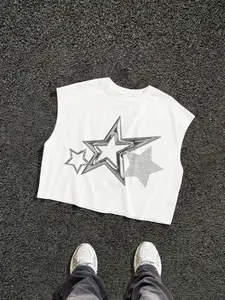 Unisex American Sweet Cool Style Metal Silver Star Print Sleeveless Vest, Base Glitter Star Design, Short Fitted Loose Shoulder Cut, Streetwear, Urban Street Tank Top