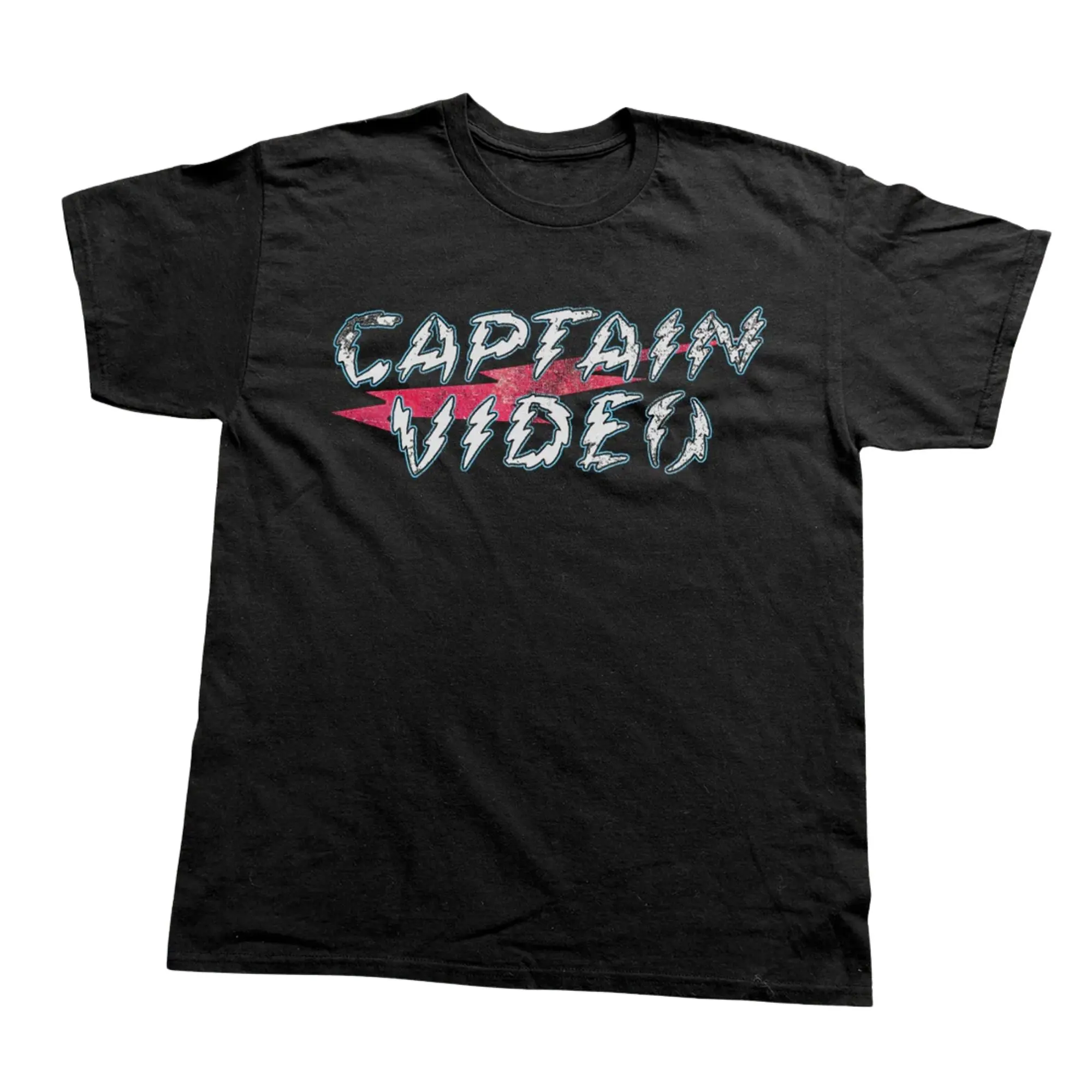 Vintage Captain Video Glitch Typography Graphic T-Shirt, Distressed Retro Static Block Lettering with Pink Lightning Bolt Slash, Unisex Charcoal Black Streetwear Tee, Y2K Outfit