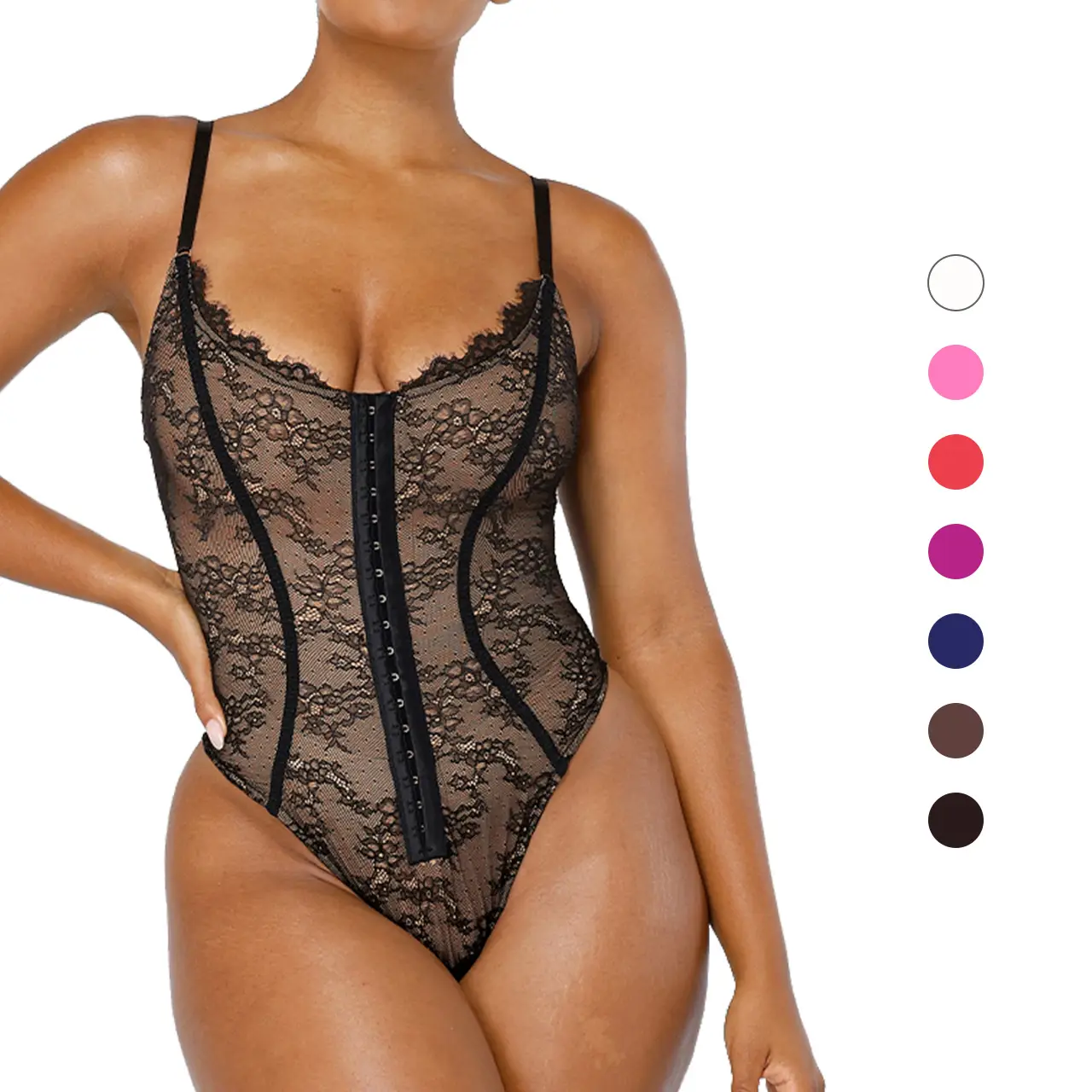 Shapellx Lace Glamour Thong Hourglass Bodysuit Tummy bridle Front Button Design Tops Comfort Shapewear for Women Sleeveless Skinny Slim Womenswear