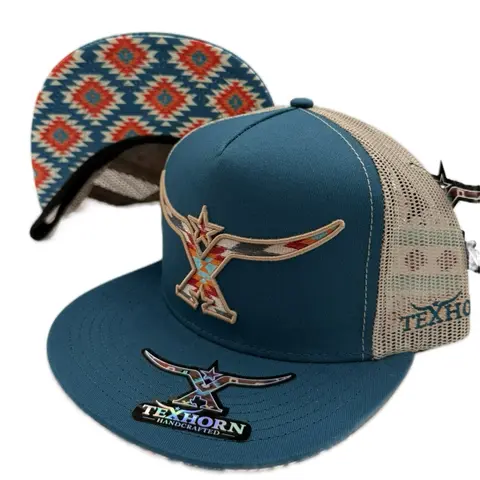 TEXHORN CAP STYLE OCAMPO Handcrafted Blue Mesh Back with Aztec Design Snapback Hat