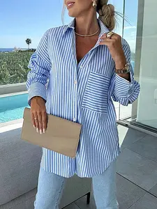 Fashion Plus Size Women's Striped Printed Fitted Long-Sleeve Casual Woven Shirt Blouses