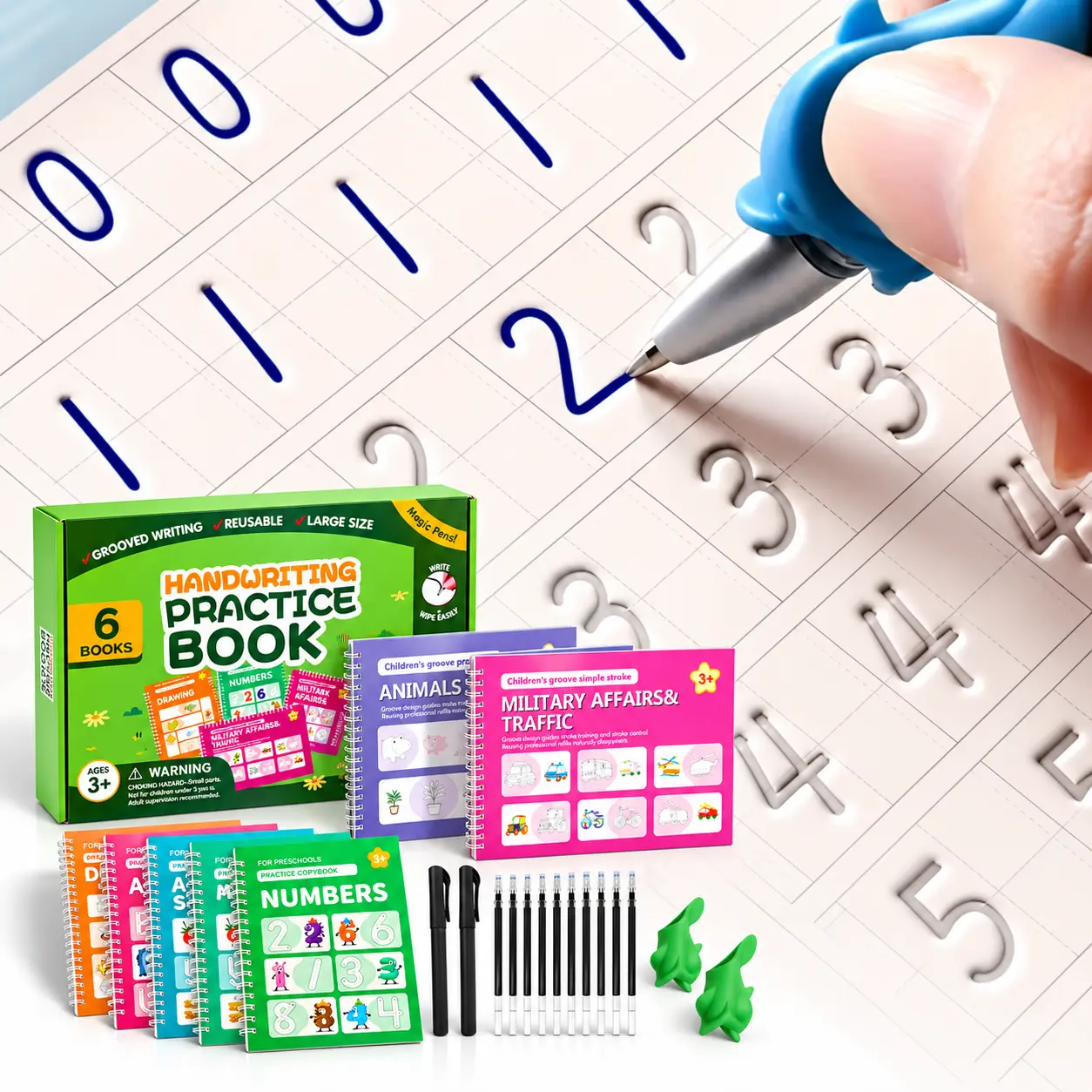 6-Book Reusable Handwriting Practice Set for Kids Ages 3+, Alphabet, Numbers, Math and Pen Control Tracing Workbooks for Preschool Learning Activities