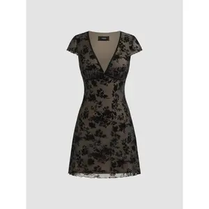 Cider Mesh V-neck Floral Bow Mini Dress