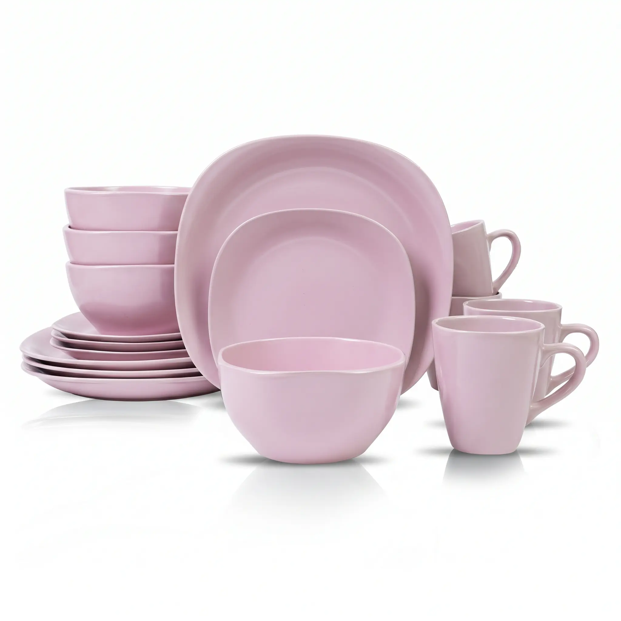HomeVSS 16-Piece Matte Pink Square Stoneware Dinnerware Set for 4 - Plates, Bowls, Mugs, Matte Glaze, Dishwasher, Microwave & Oven Safe, Lead & Cadmium Free, Bowl