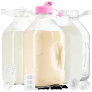 Gal Glass Milk Bottle with Airtight Screw Lid-Glass Pitchers with 8 Handles and 8 Lids, 64 Oz Heavy Duty Glass Milk Jug Pitcher with 2 Exact Scale Lines for Juicing and Water Bottles