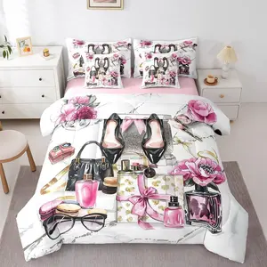 Feelyou Queen Size 7-Piece Pink Decorative Bedding Set with Sheets - Cute Flower, Girly Bow, Coquette Modern Silver High Heel Design, Soft for Women