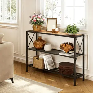 Industrial-Style Console Table, 3-Tier Entryway Side Table, Hallway Accent Table, Slim Sofa Back Table with Open Storage Shelves, Multipurpose Entrance Cabinet for Entryways, Living Rooms, Foyers, Hallways and Offices, Rustic Brown and Black Finish