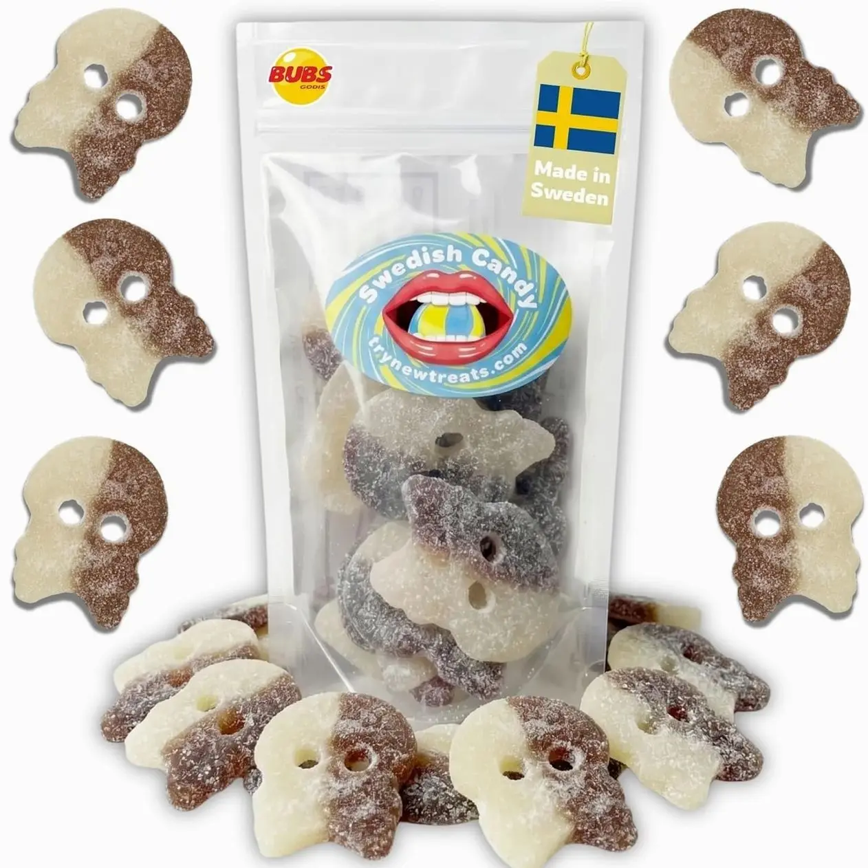 Bubs Swedish Candy Cola Skulls – Vegan Gelatin-Free Sweet Fizzy Foam Candy Snacks, Single Flavor, Authentic Imported From Sweden – 8 oz / 0.5 lb Resealable Bag