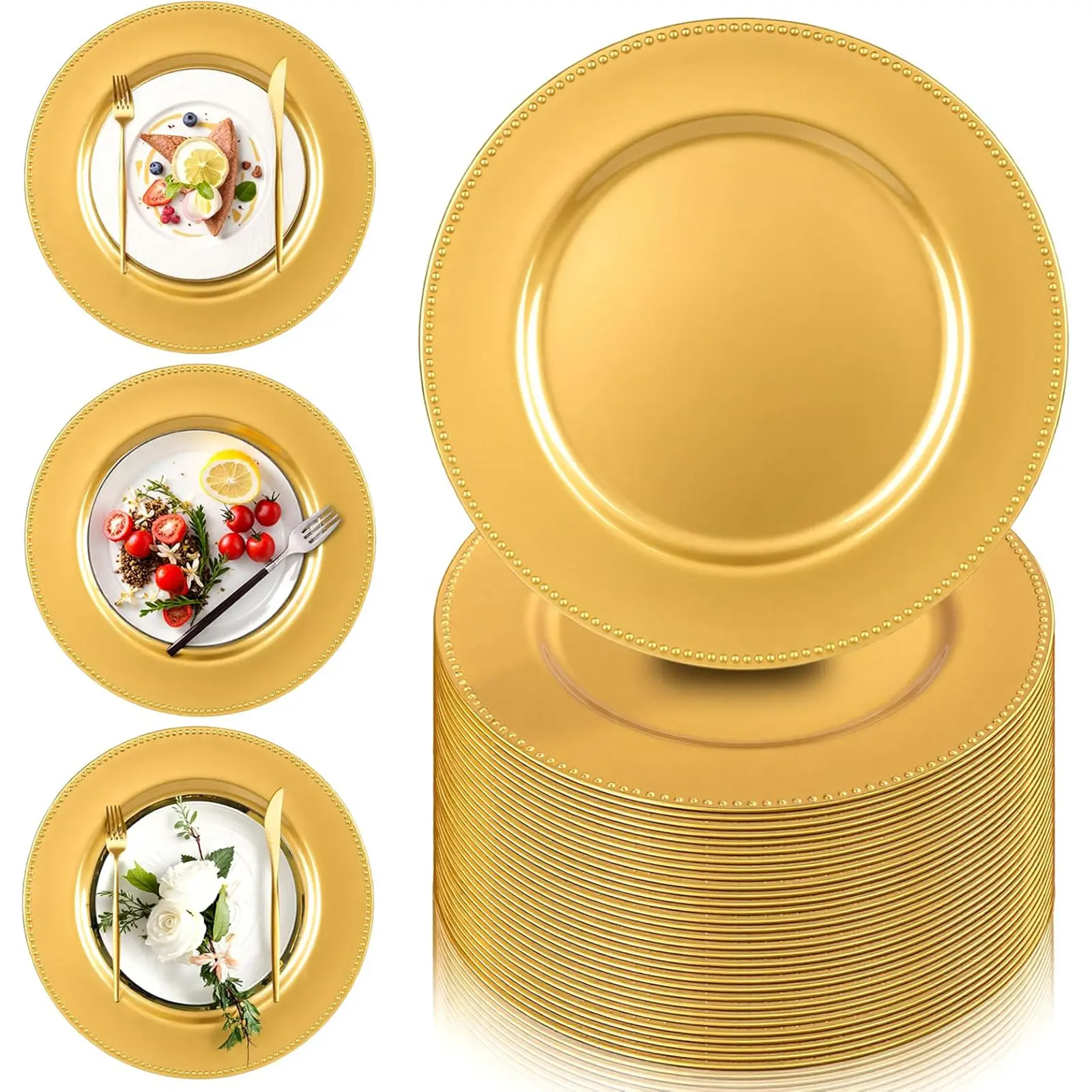 12/50/100 Pack Gold Charger Plates, 13 Inch Plastic Round Gold Chargers for Dinner Plates with Beaded Rim, Reusable Plastic Table Chargers for Wedding, Party