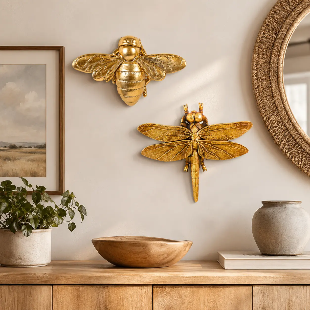 2PC Metallic Gold Insect Resin Hanging Wall Decor - Artistic 3D Dragonfly Theme Sculpture Artwork, Modern Home Decorative Collectible Ornament for Living Room, Sports Event Souvenir Gift, Modern Home Decor, Interior Wall Decor