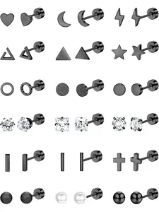 Cute 18 Pairs Black Shining Ear Studs Surgical Stainless Steel Stud Earrings for Women Men 20G Cartilage Earrings Studs Cross Moon Star Small Stud Earrings Screw Flat Back Earrings Ear Piercing Studs Set Stud Earring Jewelry