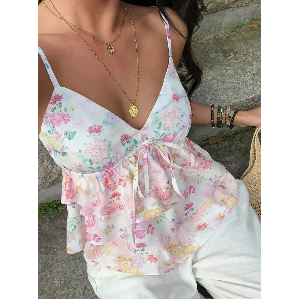 PUBLISH SunnyBelle Women's Summer Floral Bow Tie Camisole Top, Boho Holiday Picnic Sleeveless Top, Vacation, Date